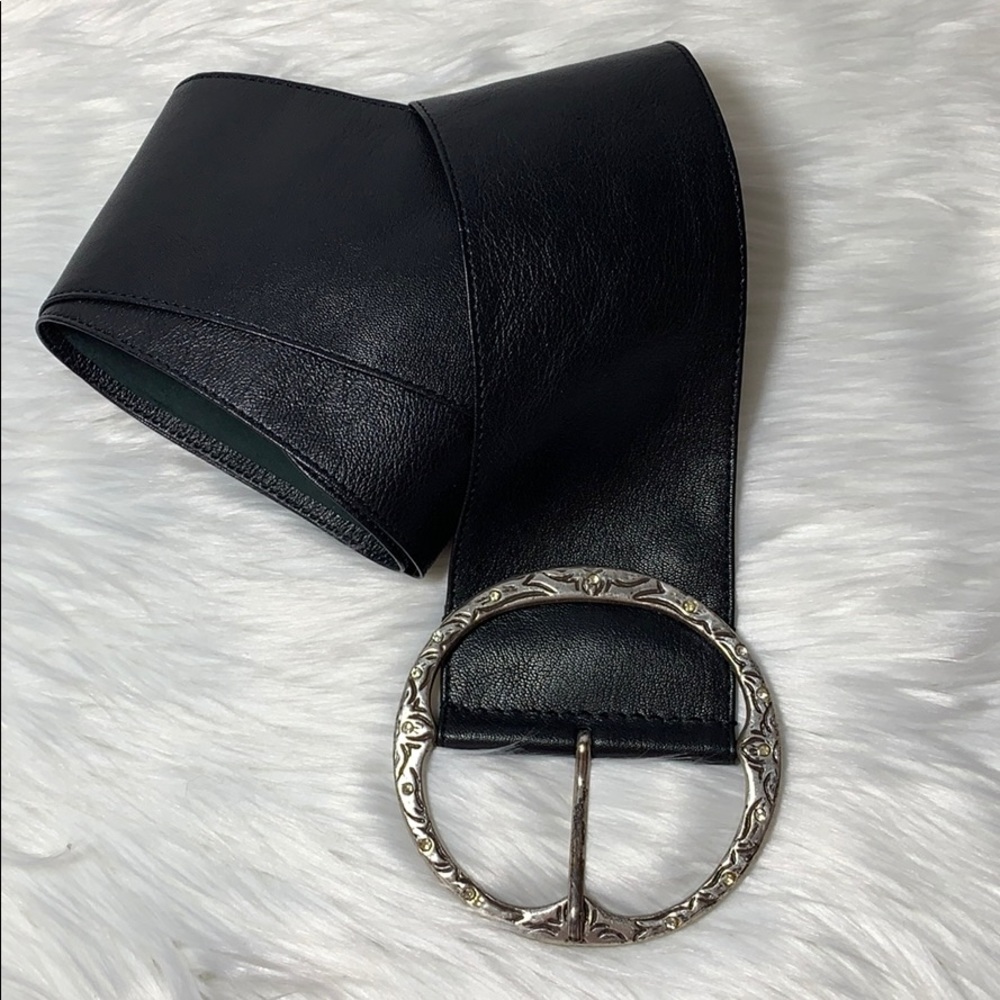 Wide Black Leather Belt with Ornate Silver-Tone Round Buckle